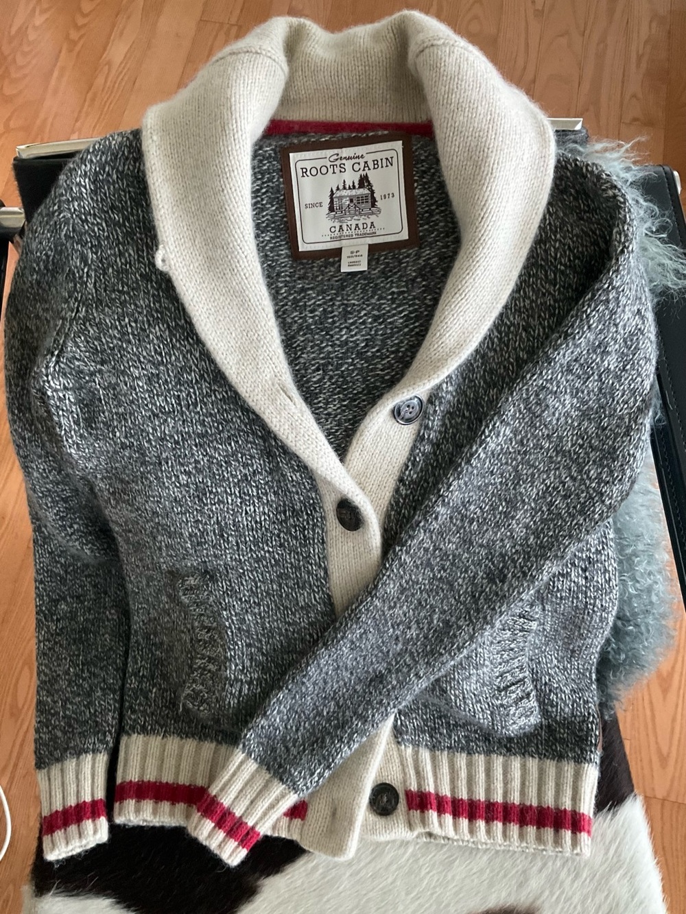 Roots Cabin Shawl Collar Cardigan Sweater - Gray, Cream & Red